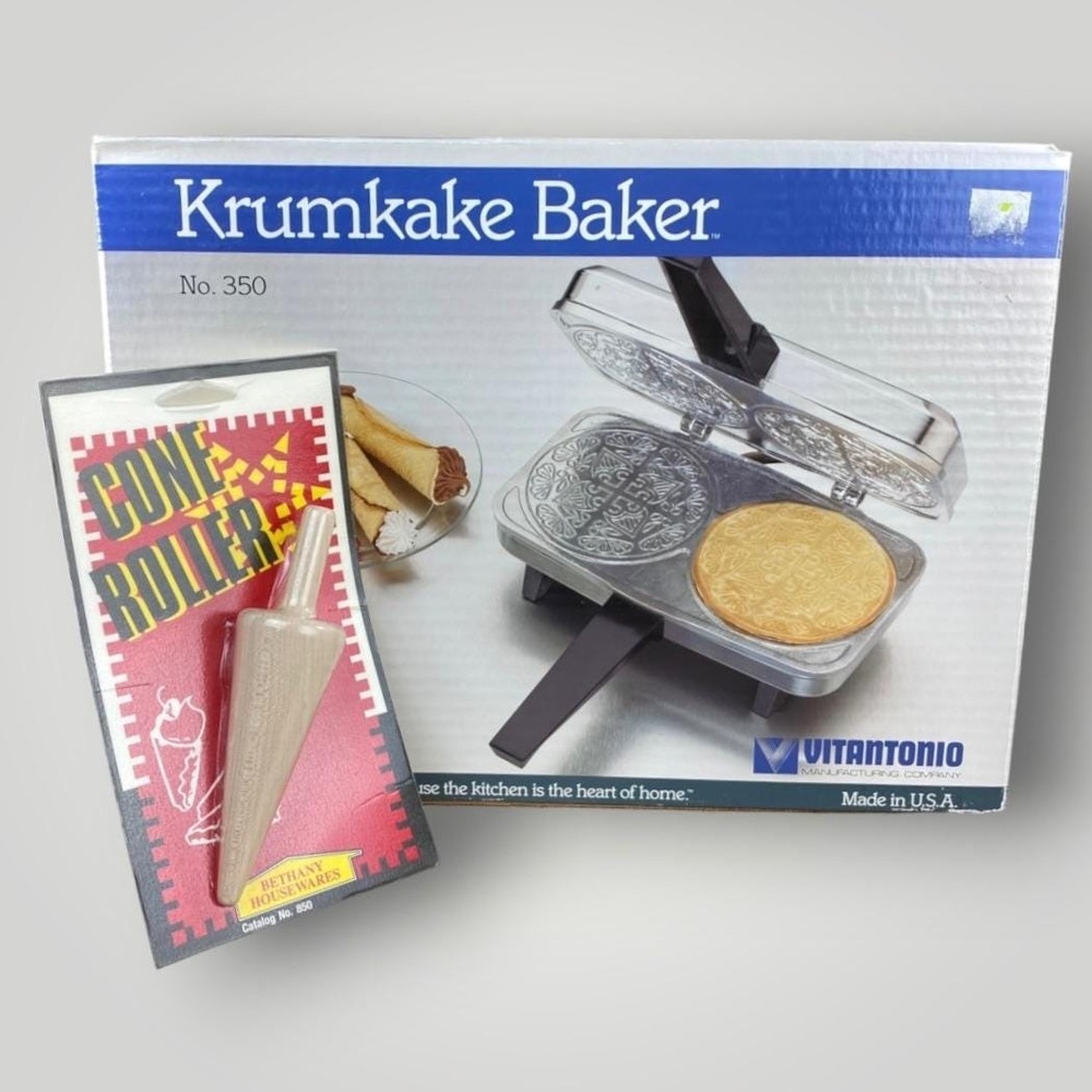 Vitantonio Krumkake Baker Model 350 Electric Iron 1996 and Bethany Wood Roller